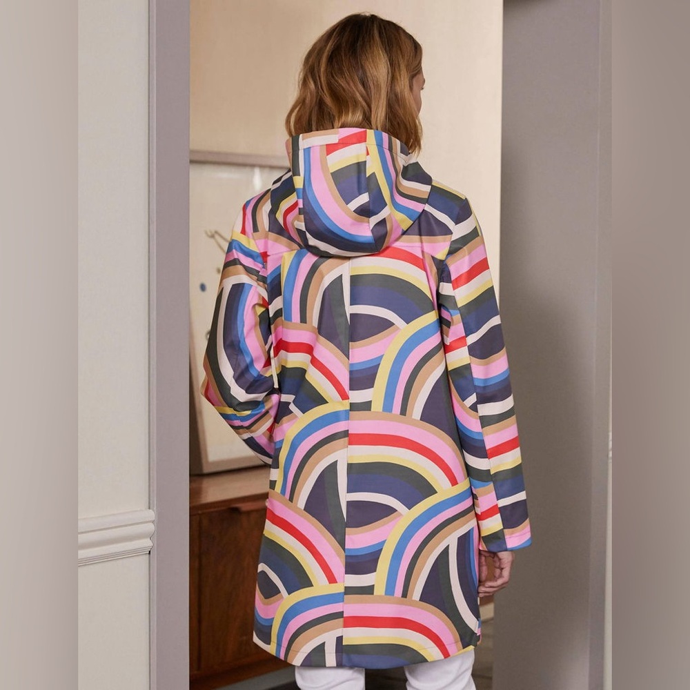 NWT- Boden Rainbow Arc Print Hooded Raincoat — Pink, Blue, Yellow, Green, Gray - Picture 4 of 11